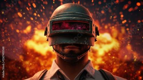 Man in helmet and tie with fire in background and game logo under studio lighting