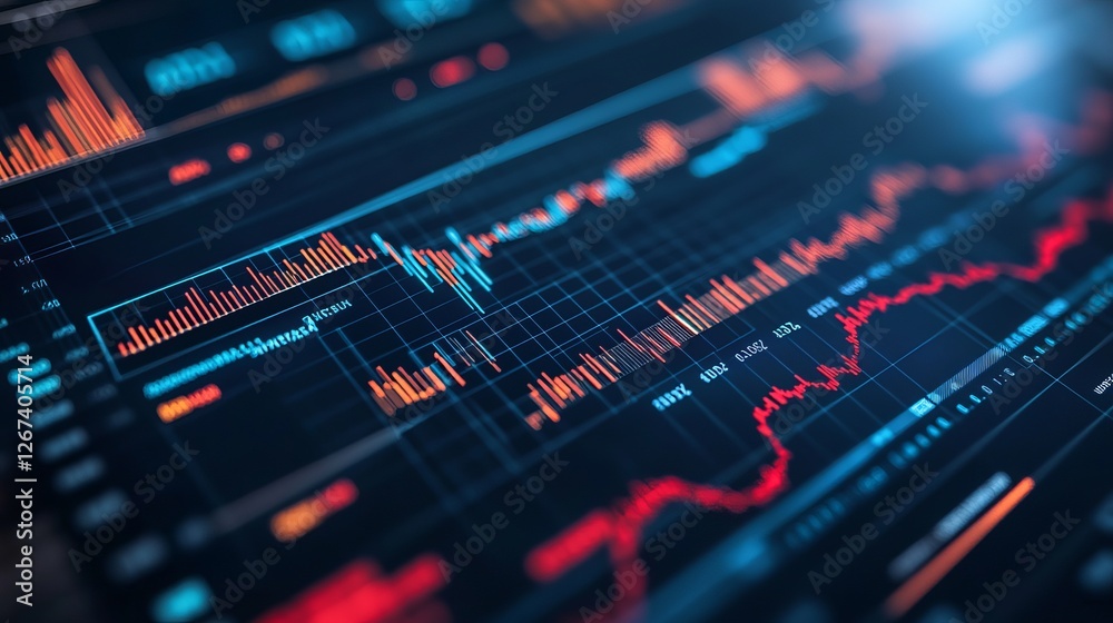 Financial Data Analytics Screen Display Red Orange Blue Stock Market Charts Graphs Business Technology Digital Information Investment Trading Economic