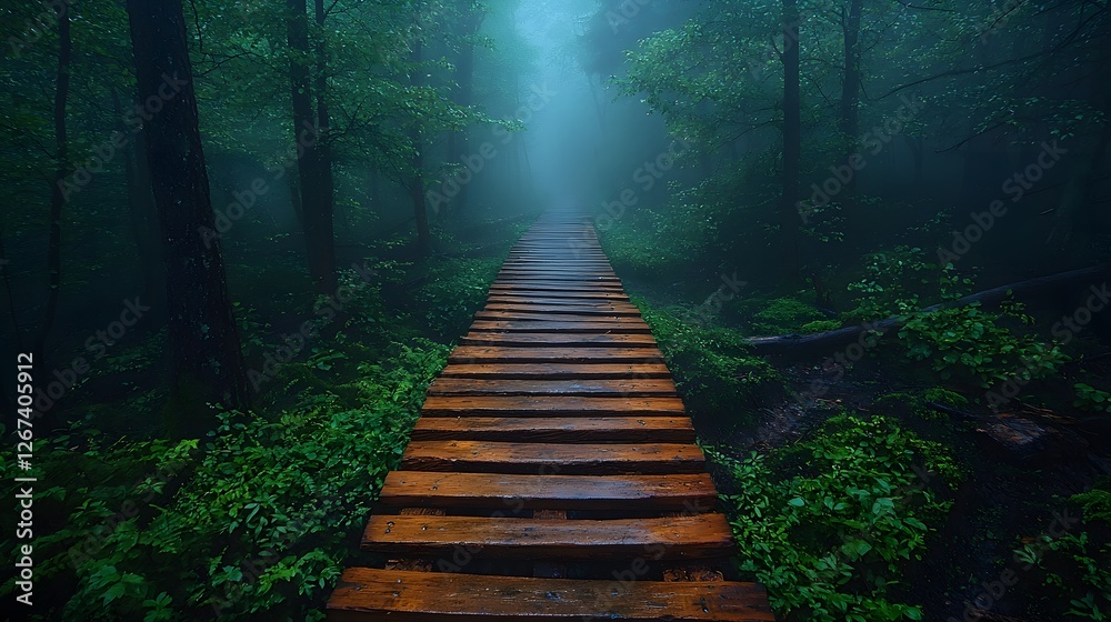 Obraz premium Misty forest walkway with wooden planks leading into atmospheric fog tranquil and calming nature photography copy space available for editorial use