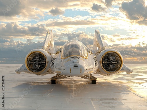 A highly detailed, futuristic gunship or flying military vehicle equipped with heavy weapons, set against a plain white background, presented as a 3D illustration
