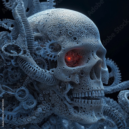 A 3D illustration of a science fiction scary robotic skull is hardwired to a computer core in heavy metal dreams photo