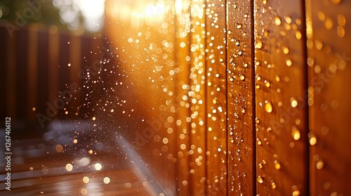 Golden hour rain droplets on a wooden fence in a backyard setting photo