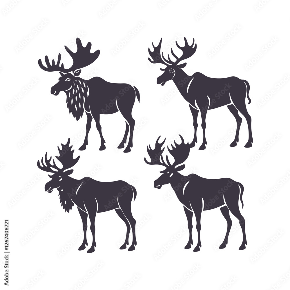 Fototapeta premium Moose Silhouette Set Clip art Isolated Vector Illustration