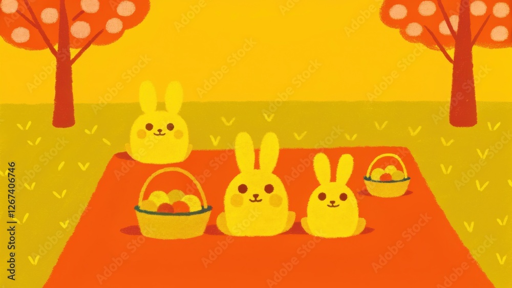 Fototapeta premium Cute yellow rabbits with baskets of eggs are sitting on a red blanket under colorful trees in a cheerful, sunny setting.