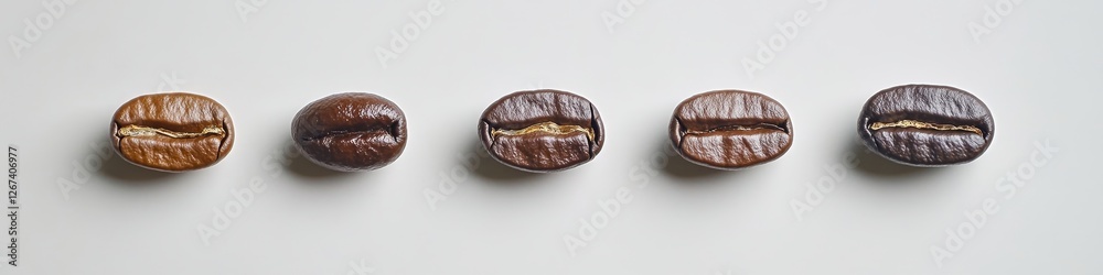 Five Assorted Coffee Beans on White Backdrop, Macro Photography, Minimalist Composition Five Assorted Coffee Beans on White Backdrop, Macro Photography, Minimalist Composition