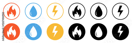 Gas, water and electricity icon collection. Public utility service sign symbol. Electricity, water and gas vector set. Thunderbolt of lightning, drop water, and fire sign. Vector illustration.