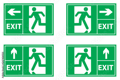 Emergency fire exit sign set. Running man and exit door sign symbol green, white color. Escape help evacuation. Various exit signs icon isolated. Exit sign collection. Flat style. Vector illustration.