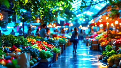 Wallpaper Mural Vibrant indoor market filled with colorful fruits and vegetables, bustling shoppers, and warm lighting Torontodigital.ca