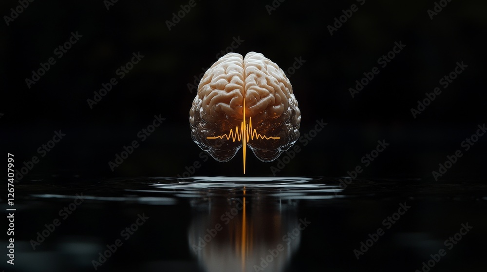 Brainwaves are visible in front of a glowing brain in a 3D rendered wire frame model Brainwaves are visible in front of a glowing brain in a 3D rendered wire frame model