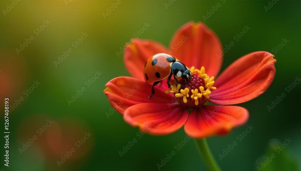 Ladybug and small red flower entwined together, natural, green Ladybug and small red flower entwined together, natural, green