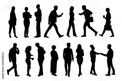 Silhouettes of business people standing, walking, men, women full length, talking, meeting, shaking hands, with laptop, phone, coffee cup, bags. Vector illustration isolated on transparent background.