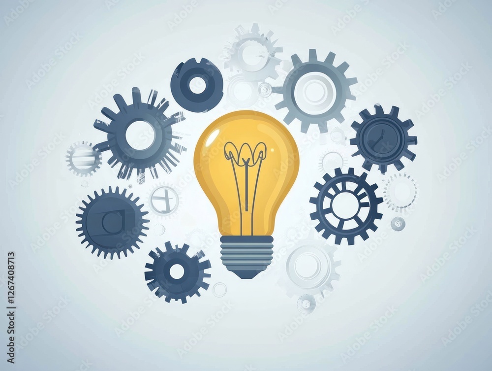 A bright yellow light bulb surrounded by various grey gears, symbolizing innovation and creativity in a tech-inspired environment A bright yellow light bulb surrounded by various grey gears, symbolizing innovation and creativity in a tech-inspired environment