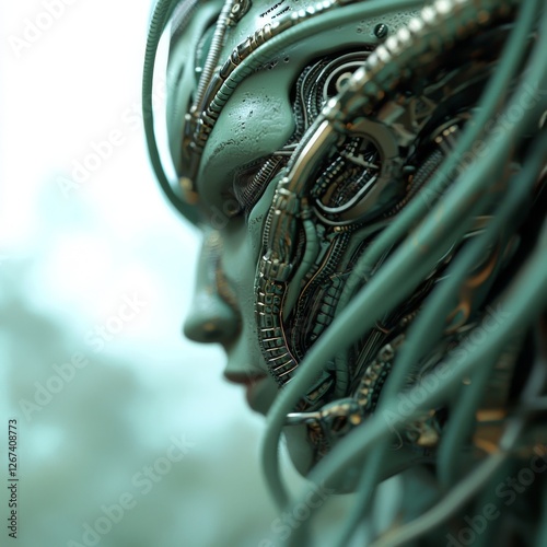 A robotic science fiction female with a hardwired connection to a computer core is depicted in a 3D illustration titled 'Mind of the machine photo