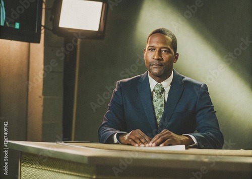 Professional news anchor reporting in studio portrait of african american male engaging newsroom environment close-up perspective