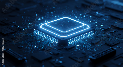 Glowing Microchip: Powering the Future of Technology, AI, and Data. Innovation in Semiconductor Design & Connectivity. photo