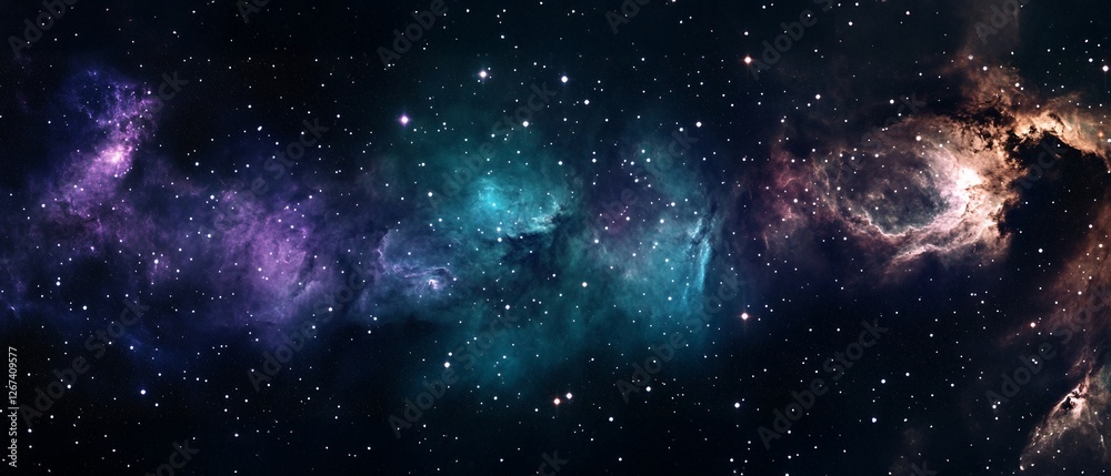 Fototapeta premium Vast and mysterious dark nebula spanning across deep space with glowing distant stars and ethereal cosmic clouds floating in the universe