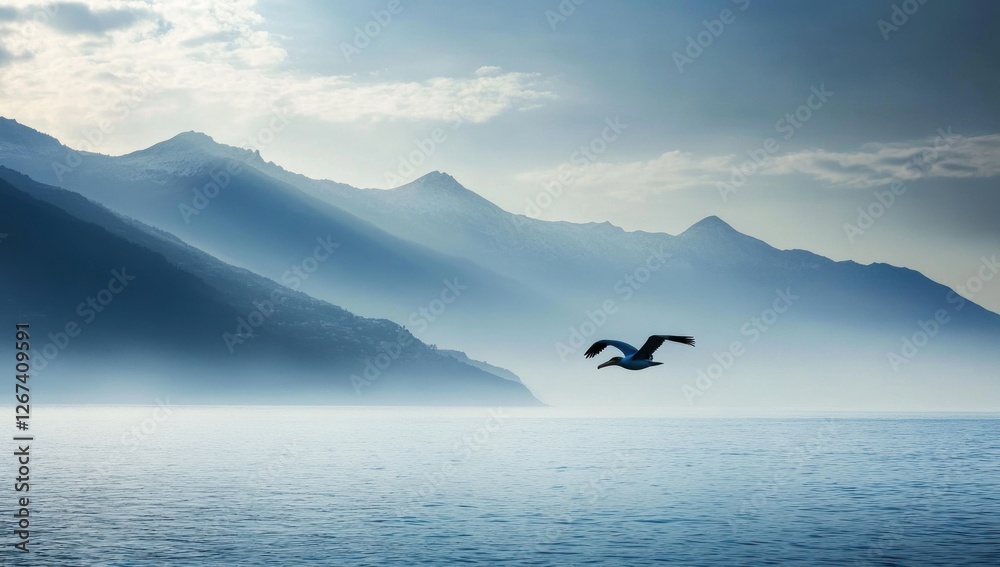 Fototapeta premium Misty lake with mountains and a flying seagull. Scenic landscape. Possible use stock photo