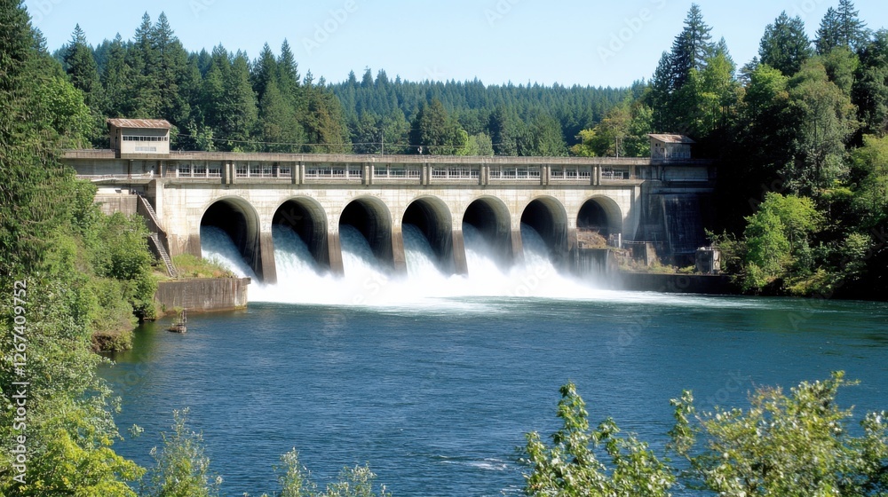 Fototapeta premium Majestic Water Release from a Large Hydro Power Dam in Nature