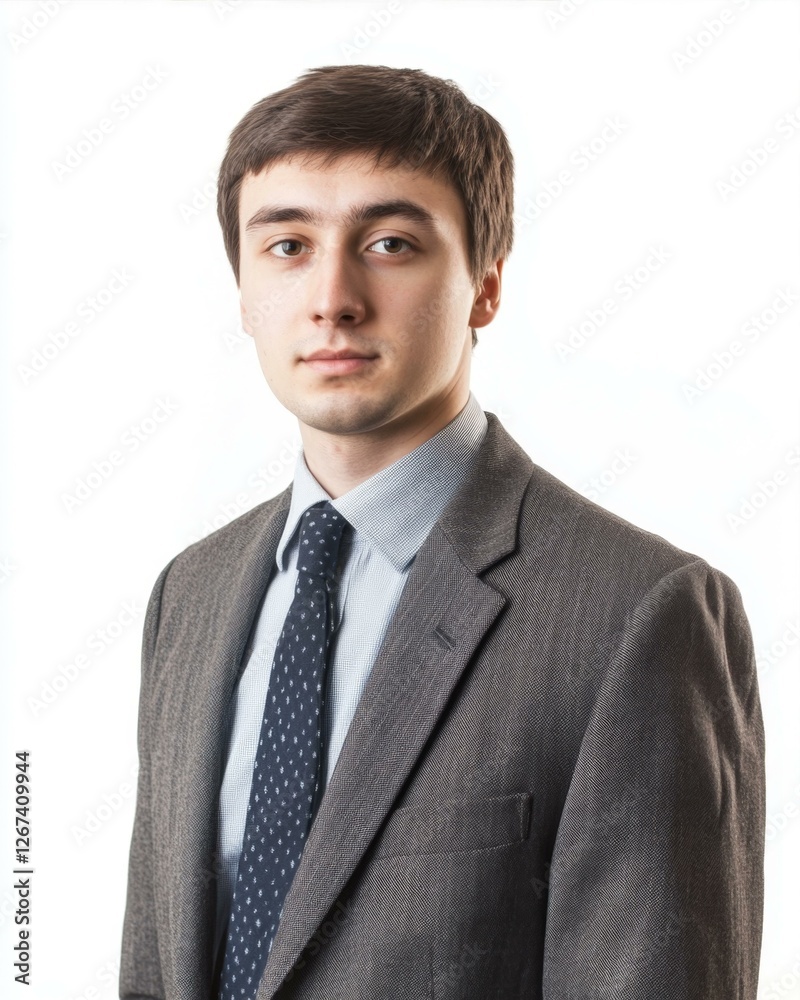 Elegant Young Man in Grey Suit Displaying Professional Demeanor on Clean Background Portrait Elegant Young Man in Grey Suit Displaying Professional Demeanor on Clean Background Portrait