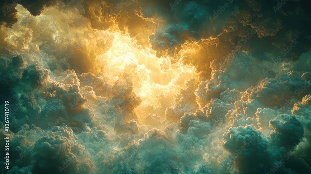 Fototapeta premium Golden light breaking through dramatic dark clouds, heaven, background