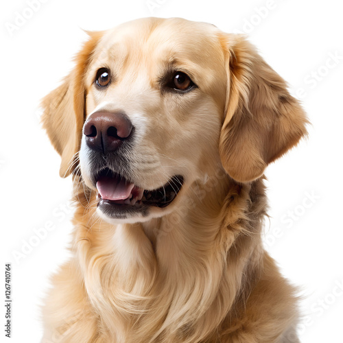 Portrait of a Golden Retriever with warm brown eyes, a soft golden coat, and a gentle friendly expression - angled head shot