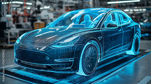 Customizable electric vehicle hologram being designed and personalized by a skilled automotive designer showcasing the innovation and technology in the future of sustainable transportation