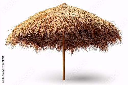 A vibrant straw beach umbrella designed for outdoor relaxation. Perfect for summer scenes, vacations, and tropical landscapes, providing essential shade and comfort. photo