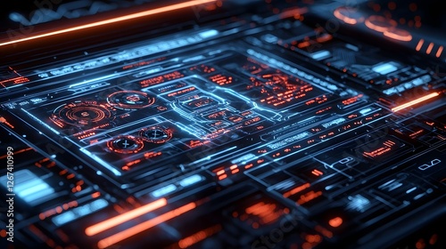 Closeup view of a high tech holographic interface control panel used in the design of a automotive dashboard or vehicle control system  The interface features a sleek digital display with glowing