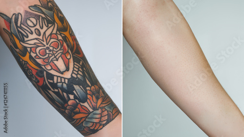  Before and after tattoo removal showing clearer skin and faded ink. The concept is of cosmetic procedures, skincare, beauty, and regret. Suitable for beauty, lifestyle, and cosmetic treatment content photo