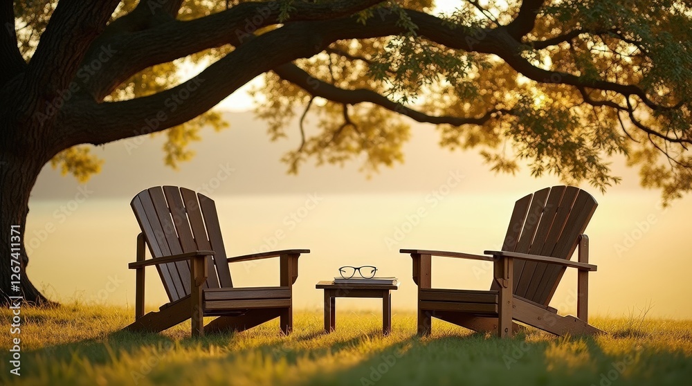 Perfectly placed wooden chairs create a peaceful lakeside retreat at sunset Perfectly placed wooden chairs create a peaceful lakeside retreat at sunset