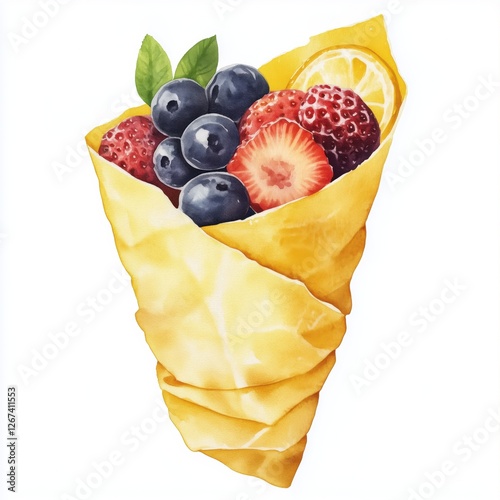 A colorful fruit cone filled with blueberries, strawberries, and lemon slices, wrapped in a crispy yellow cone, perfect for a refreshing treat. © Pansit