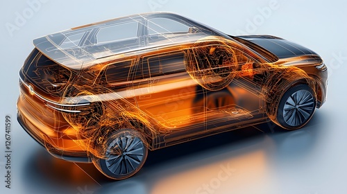 Conceptualized electric vehicle featuring a futuristic holographic design system showcasing a transparent and technologically advanced interior with a sleek and innovative exterior