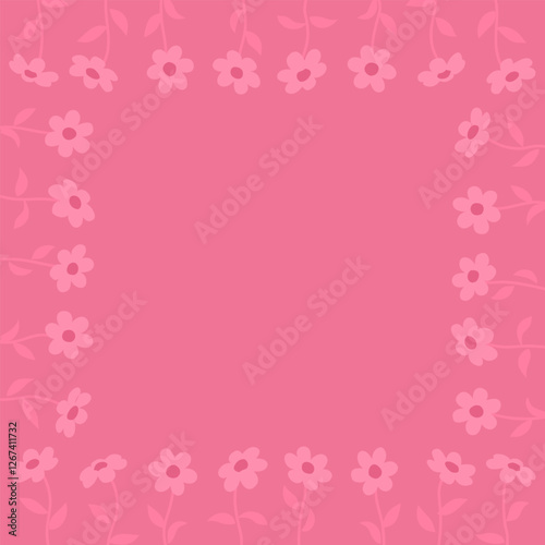 simple hand drawn vintage frame with daisy flowers on pink background.