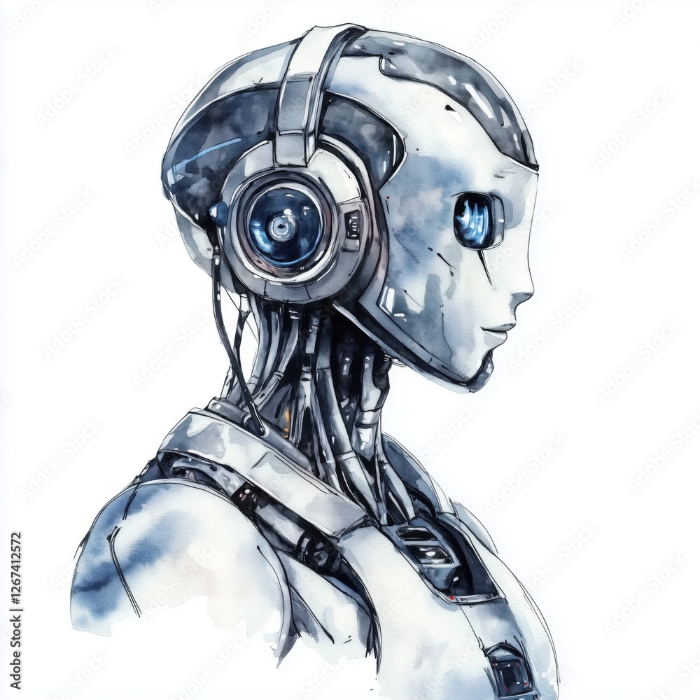 A futuristic robot with a sleek design and headphones, showcasing a blend of technology and artistry in a captivating, monochromatic style. A futuristic robot with a sleek design and headphones, showcasing a blend of technology and artistry in a captivating, monochromatic style.