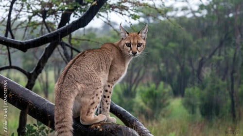 Caracal in Rainy African Savannah photo