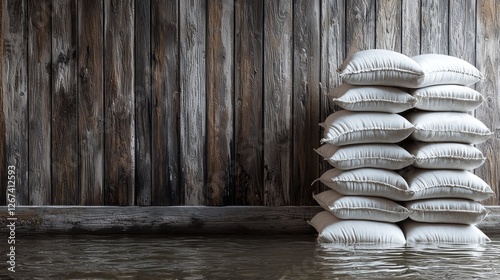 Flood protection, stacked sandbags, wooden wall, submerged, storage photo