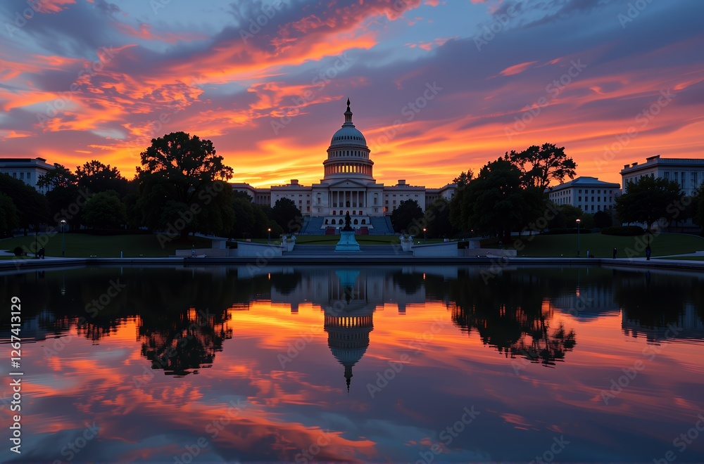 Obraz premium Majestic Sunrise over US Capitol Building with Stunning Reflection in Calm Waters