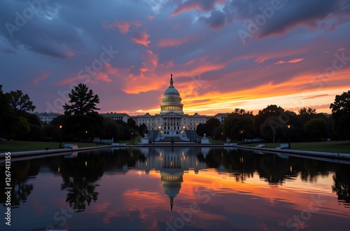 Stunning Sunset over the US Capitol Building Washington DC Reflecting in Calm Water