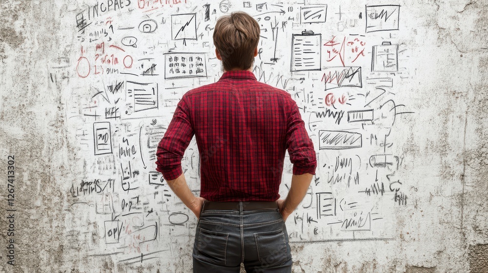 Person Analyzing Project Charts and Diagrams on a Wall Surface Person Analyzing Project Charts and Diagrams on a Wall Surface