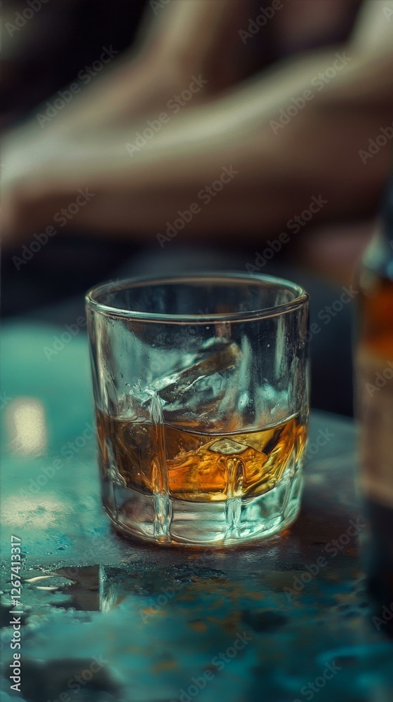 Refracted Whiskey Glass Still Life with Ice Cubes and Liquid Refreshment on a Table Top Refracted Whiskey Glass Still Life with Ice Cubes and Liquid Refreshment on a Table Top