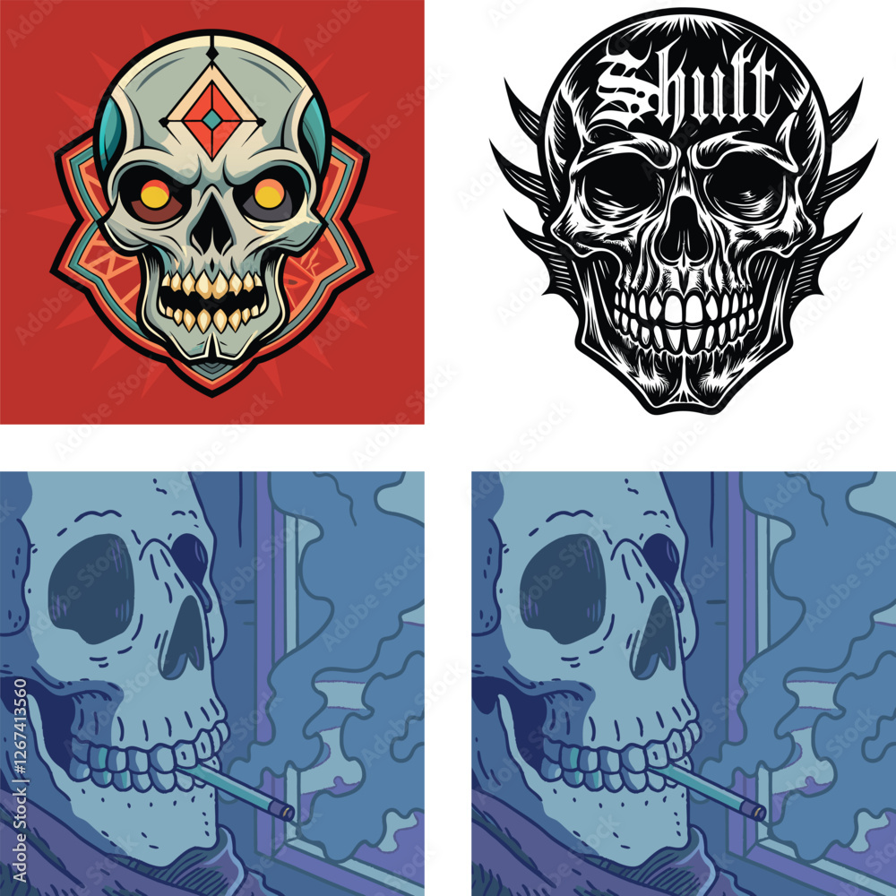 PrintSkull T-Shirt Design , Trendy Gothic and Biker Style Graphic Tee