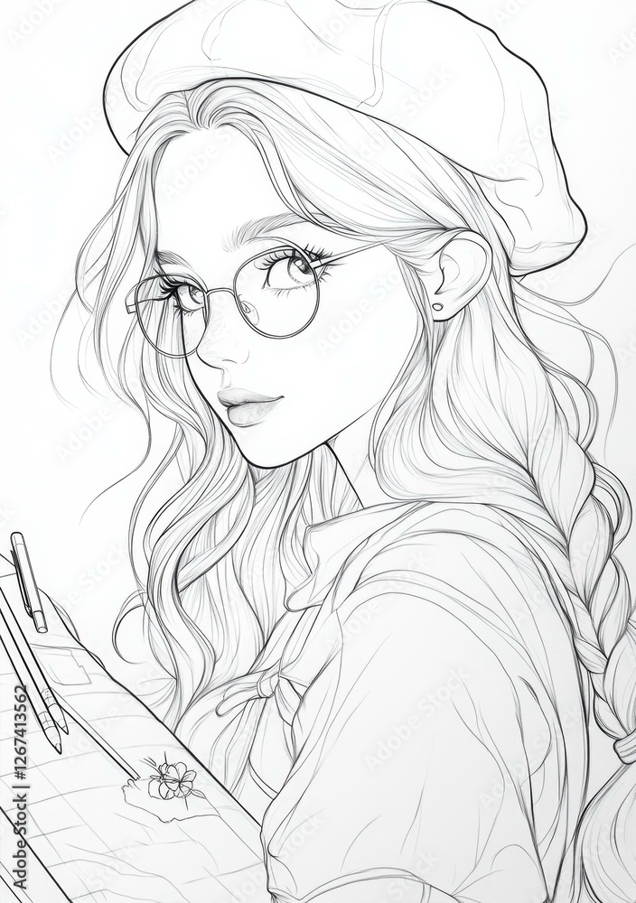 Sketch of a Young Woman with Glasses and Beret Drawing in Notebook Artistic Portraiture Sketch of a Young Woman with Glasses and Beret Drawing in Notebook Artistic Portraiture