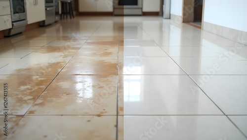 On the left is a dirty and stained area, dusty and grimey. On the right is the same floor after cleaning.