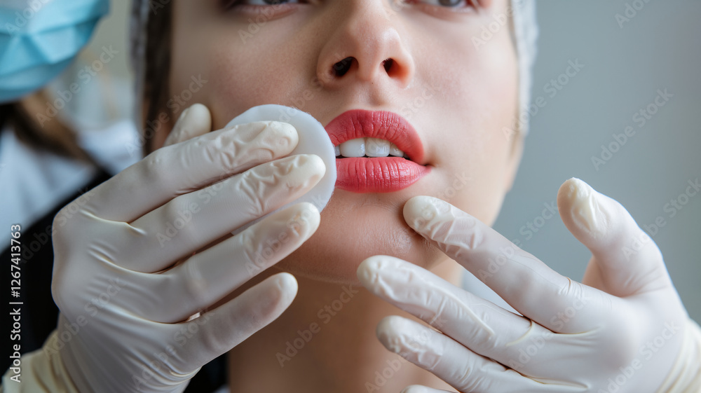 Naklejka premium Lip Enhancement Procedure: Close-up of Cosmetic Treatment. The concept is beauty, cosmetic, enhancement, and procedure. For lip augmentation, cosmetic surgery, or beauty treatments content. 