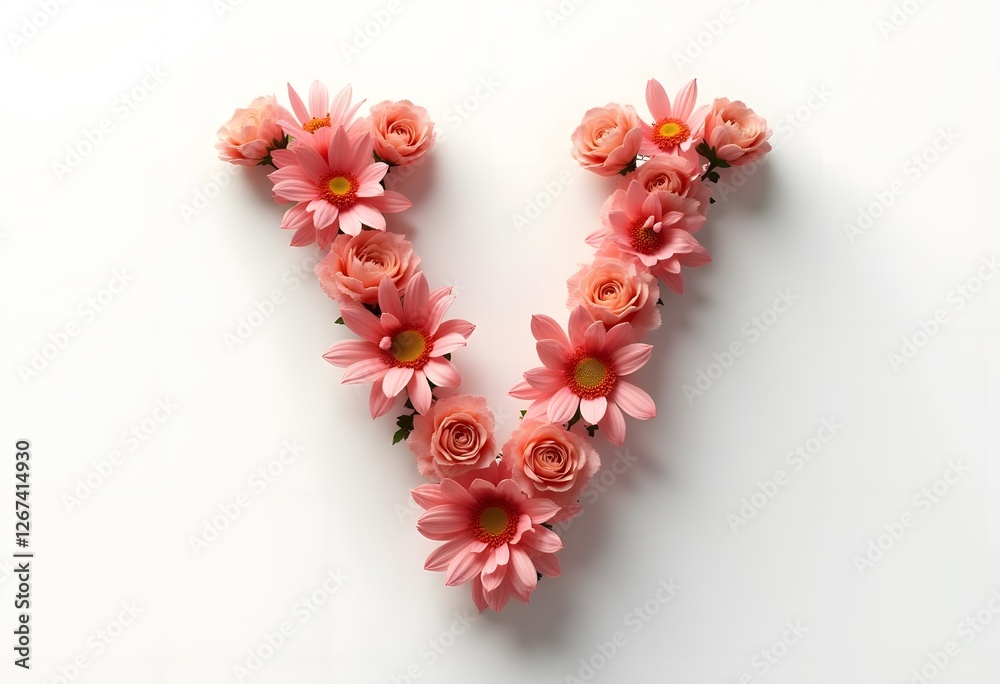 Obraz premium Alphabet. Letter V, monogram with floral design. Watercolor hand painted pink flowers, green, leaves. Isolated on white background 
