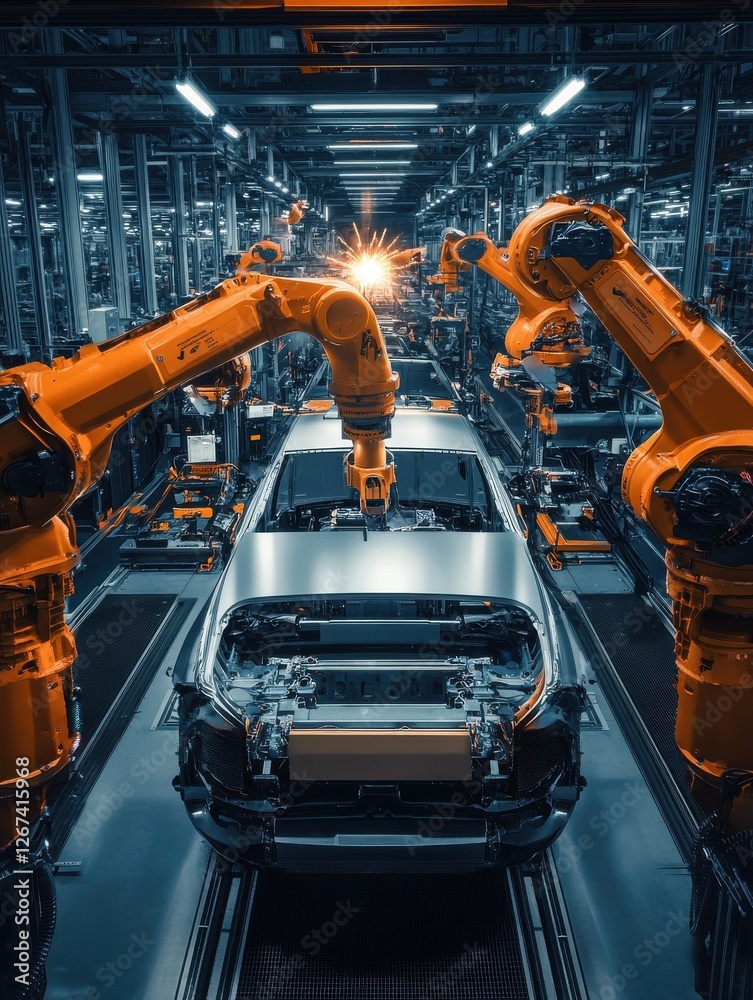 Electric vehicles are actively being assembled in a high-tech automotive production facility, highlighting modern manufacturing processes and innovation Electric vehicles are actively being assembled in a high-tech automotive production facility, highlighting modern manufacturing processes and innovation