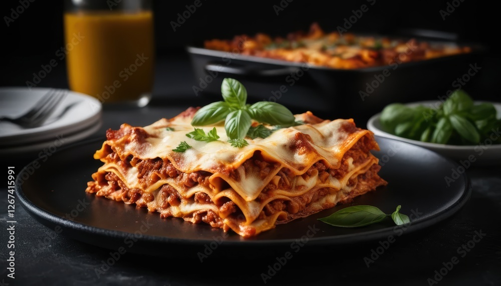 Fototapeta premium Delicious Homemade Lasagna with Meat Sauce, Cheese, and Fresh Basil Garnish on Black Plate and Dark Background