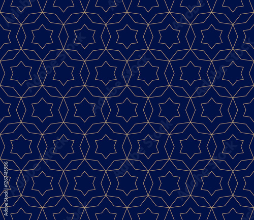 Abstract geometric seamless pattern in oriental style. Vector ornamental lines texture, elegant floral lattice, grid. Golden minimal luxury background. Stylish dark blue and gold repeated geo design