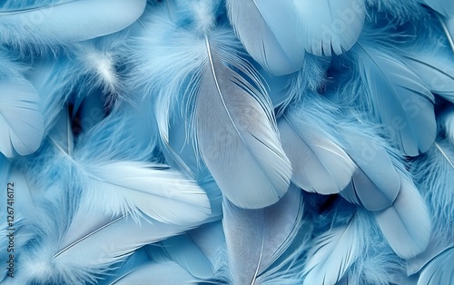 Beautiful soft and fluffy light blue feathers in a close-up view with delicate airy texture creating an elegant and dreamy background for luxury and nature inspired designs