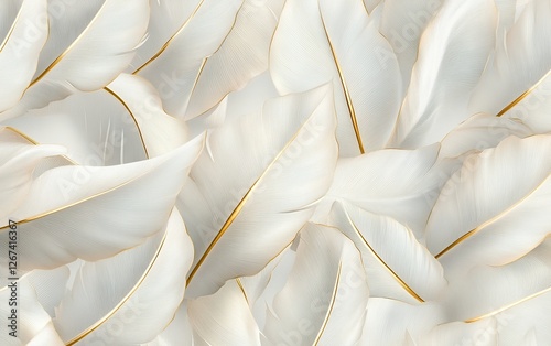 Elegant white feathers with gold accents and luxurious soft texture on a light abstract background for modern home decor and exclusive digital art prints